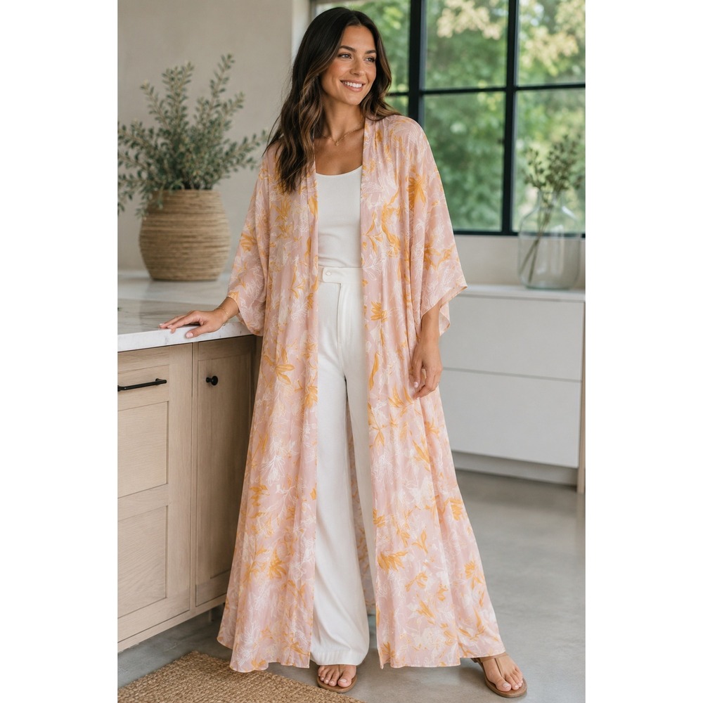 Citizens Of The World Floral Maxi Kimono Coastal Vacation Beachy Preppy Luxury